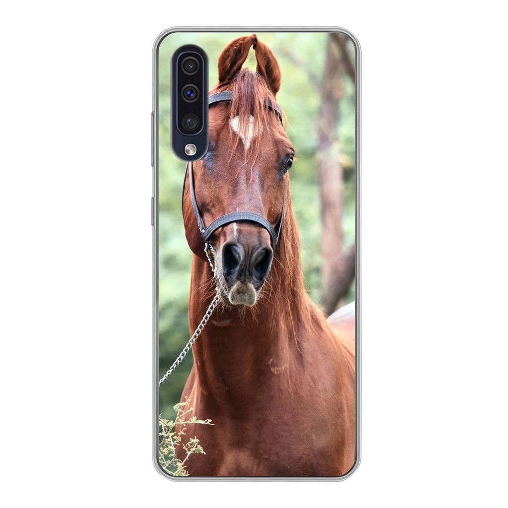 MuchoWow Handyhülle Schutzhülle Hülle für Samsung Galaxy A30s Pferd - Wald - Halfter Silikon Softcase Handy Hülle - Karteninhaber