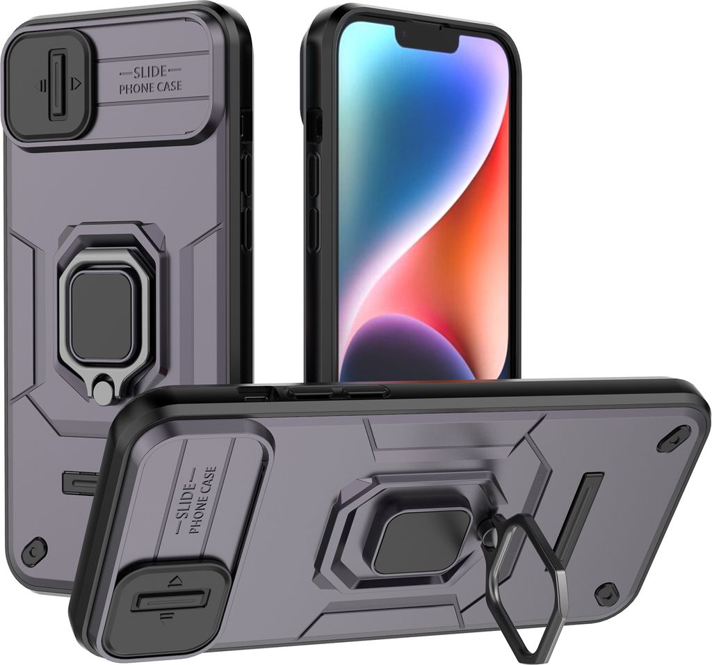 Hülle für iPhone 14 Plus / 15 Plus Dual Layer Handyhülle Schiebe Kamera Schutz und Ringhalter Ständer Lila
