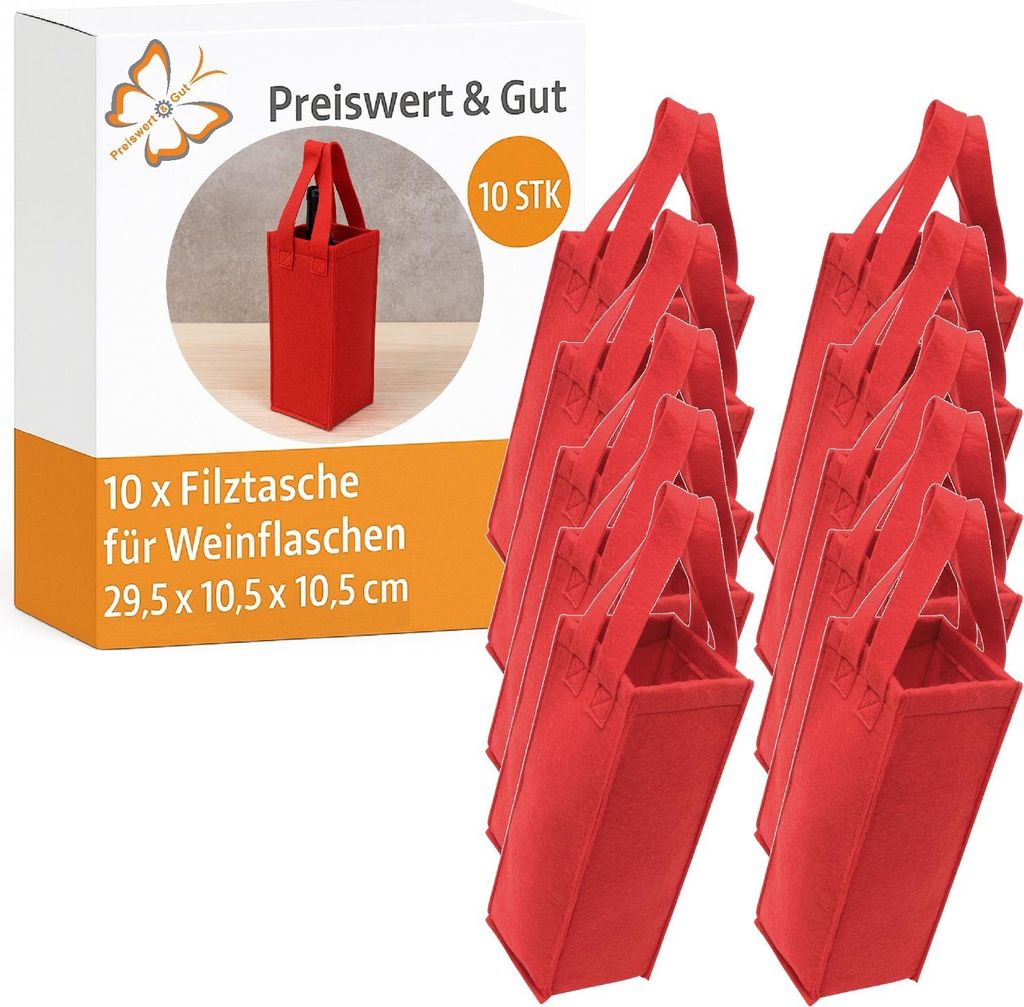 10x Filztasche für Weinflaschen 29,5x10,5x10,5cm – Weintasche Rot 2 Henkeln Geschenktüten für Weingeschenk beim Rotwein
