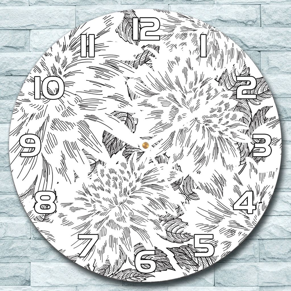 Wanduhr aus Glas Rund fi 30 Graphit Dahlien Quarz Deko Wohnzimmer Büro