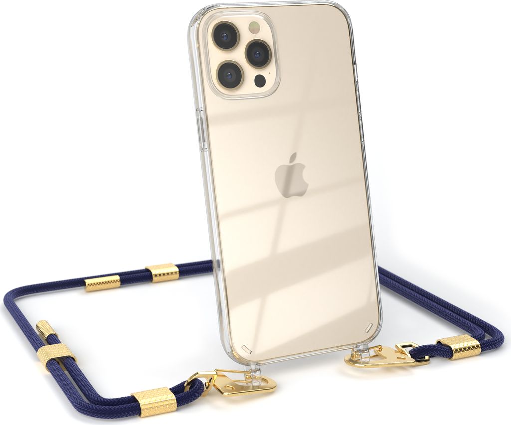 EAZY CASE Handykette für Apple iPhone 12 Pro Max, Transparente Silikonhülle mit Band, Clear Case, abnehmbar in Blau