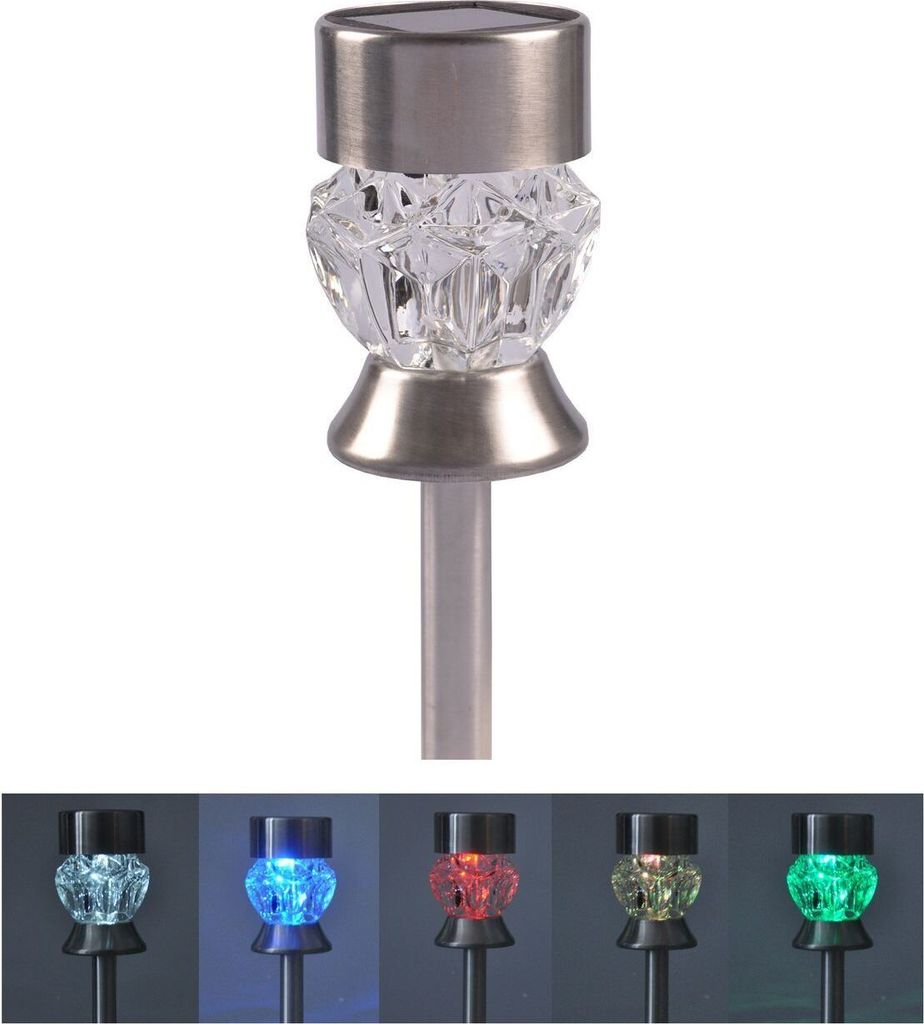 A single solar garden stake light with a faceted clear glass top and a silver metal cap and base, shown against a white background. Below this main image are smaller images showing the light in different colors.