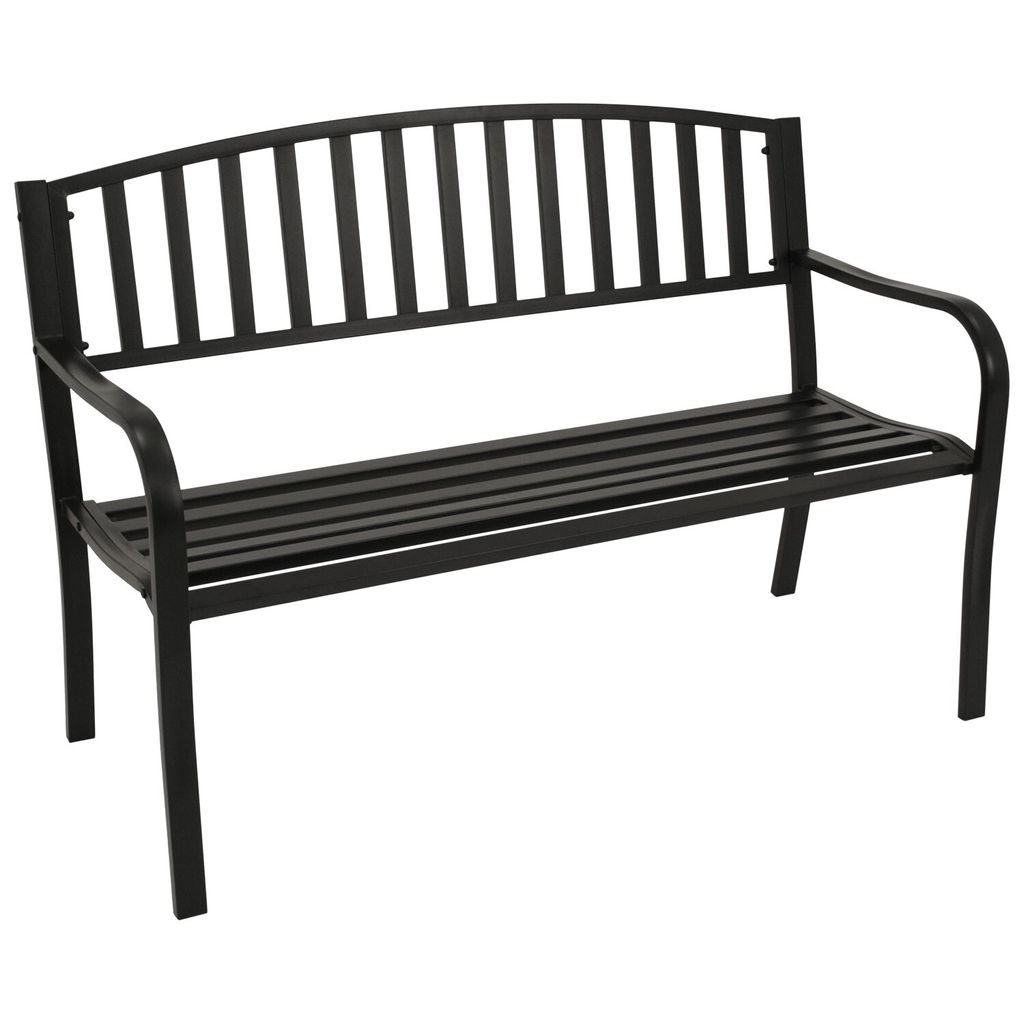 A black metal garden bench on a white background.