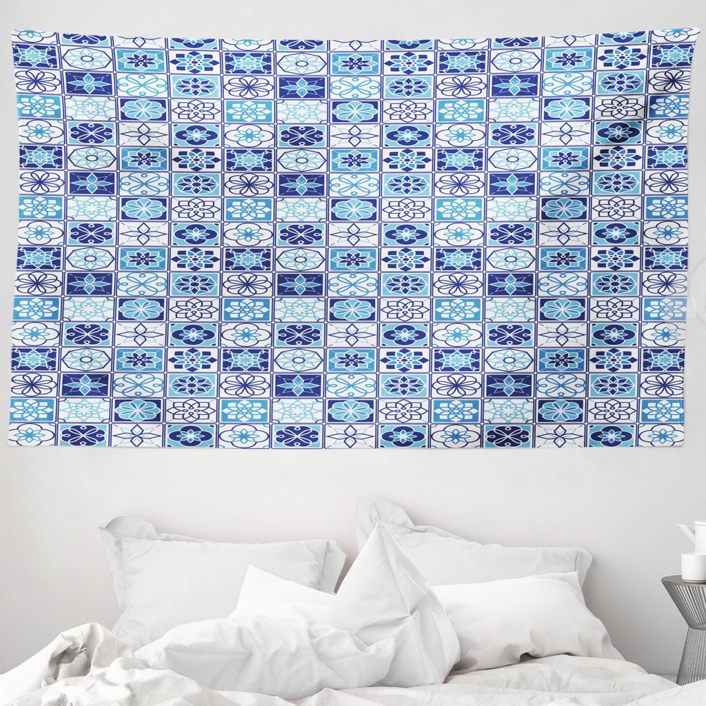 ABAKUHAUS Azulejo Wandteppich, Blumenmotiv Squares aus Weiches Mikrofaser Stoff Waschbar ohne Verblassen Digitaldruck, 230 x 140 cm, Dark Sky Blue ...