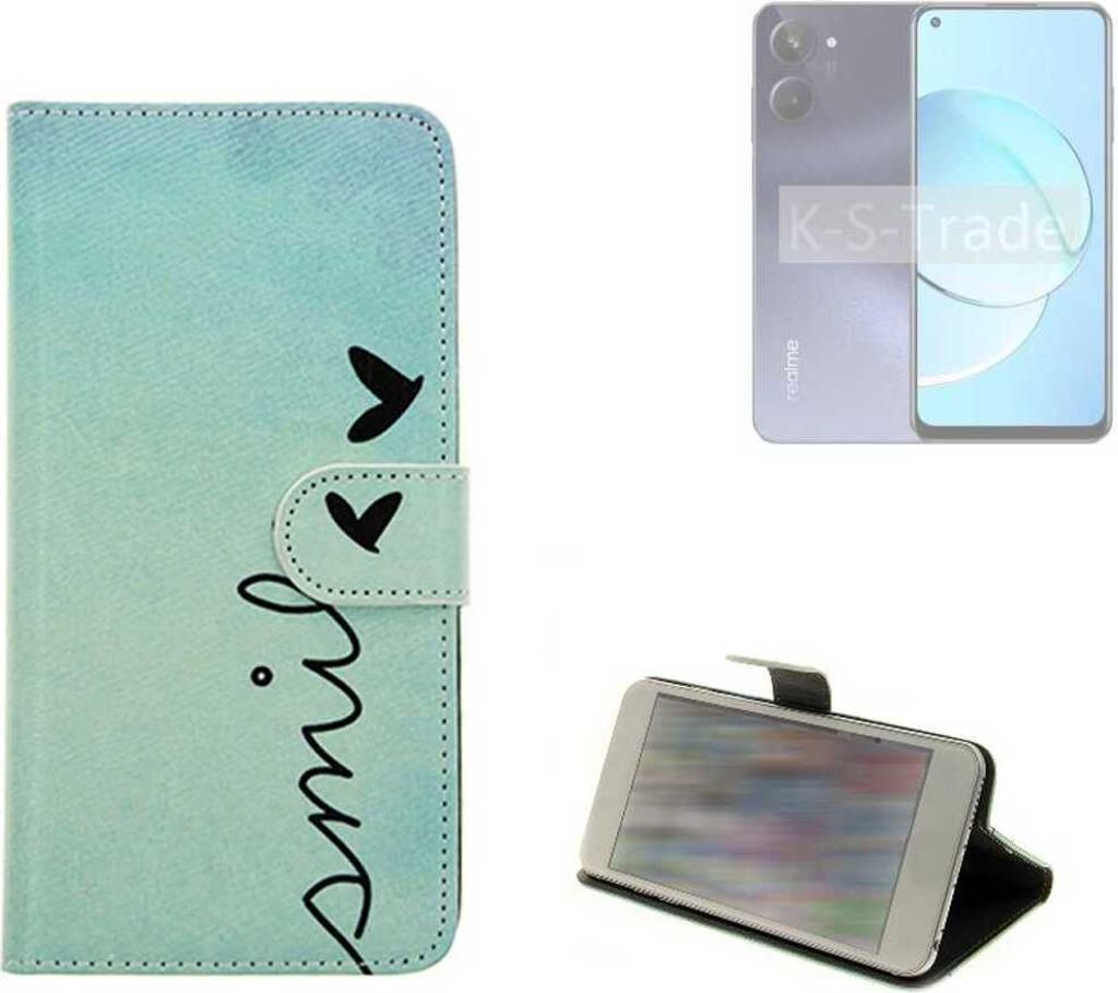K-S-Trade Schutz Hülle Handy Hülle kompatibel mit Realme 10 Hülle Handyhülle cover bookstyle Etui Handyhülle “smile“ türkis Standfunktion
