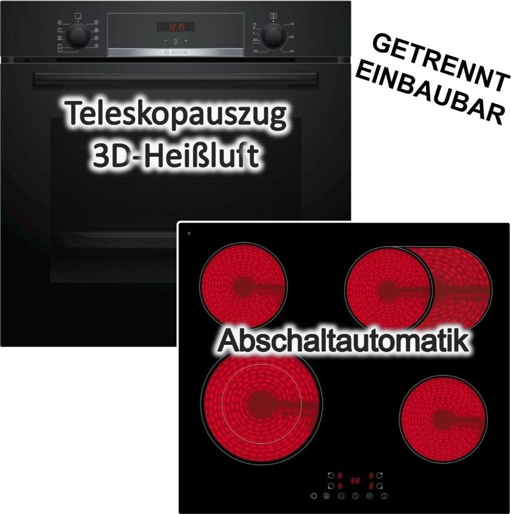 Herdset BOSCH Backofen 71 Liter Schwarz Hydrolyse Pizzafunktion + Glaskeramik Kochfeld PKM autark rahmenlos