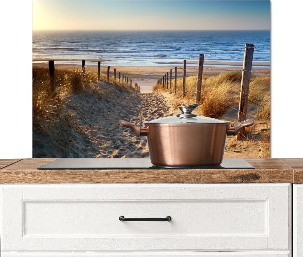 KitchenYeah Spritzschutz Küche - Küchenrückwand - Wandschutz für Herd und Spüle - Strand - Meer - Niederlande - Dünen - Sonne 80x55 - Alu-...
