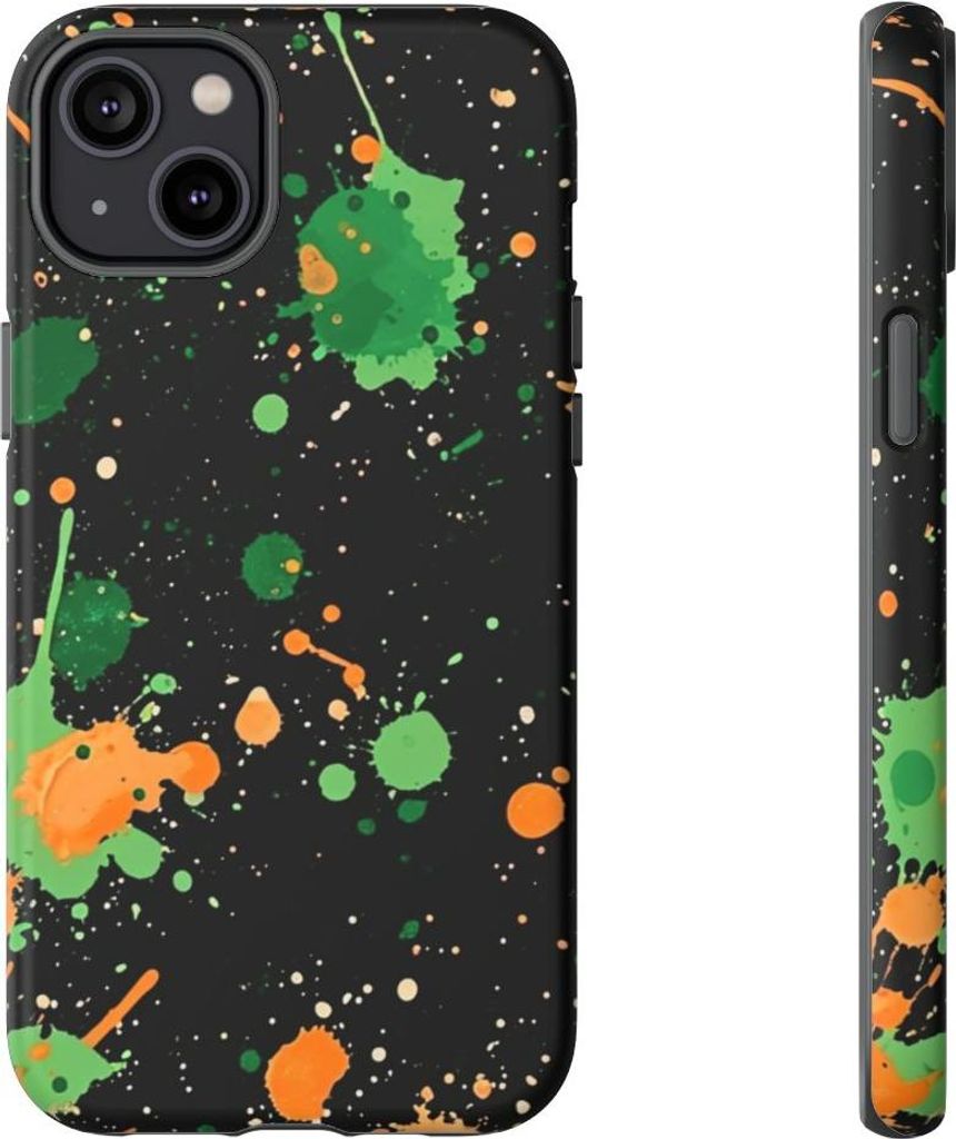 Grüne und orange Farbspritzer auf Schwarz – Hülle Kompatibel mit iPhone 14 Plus