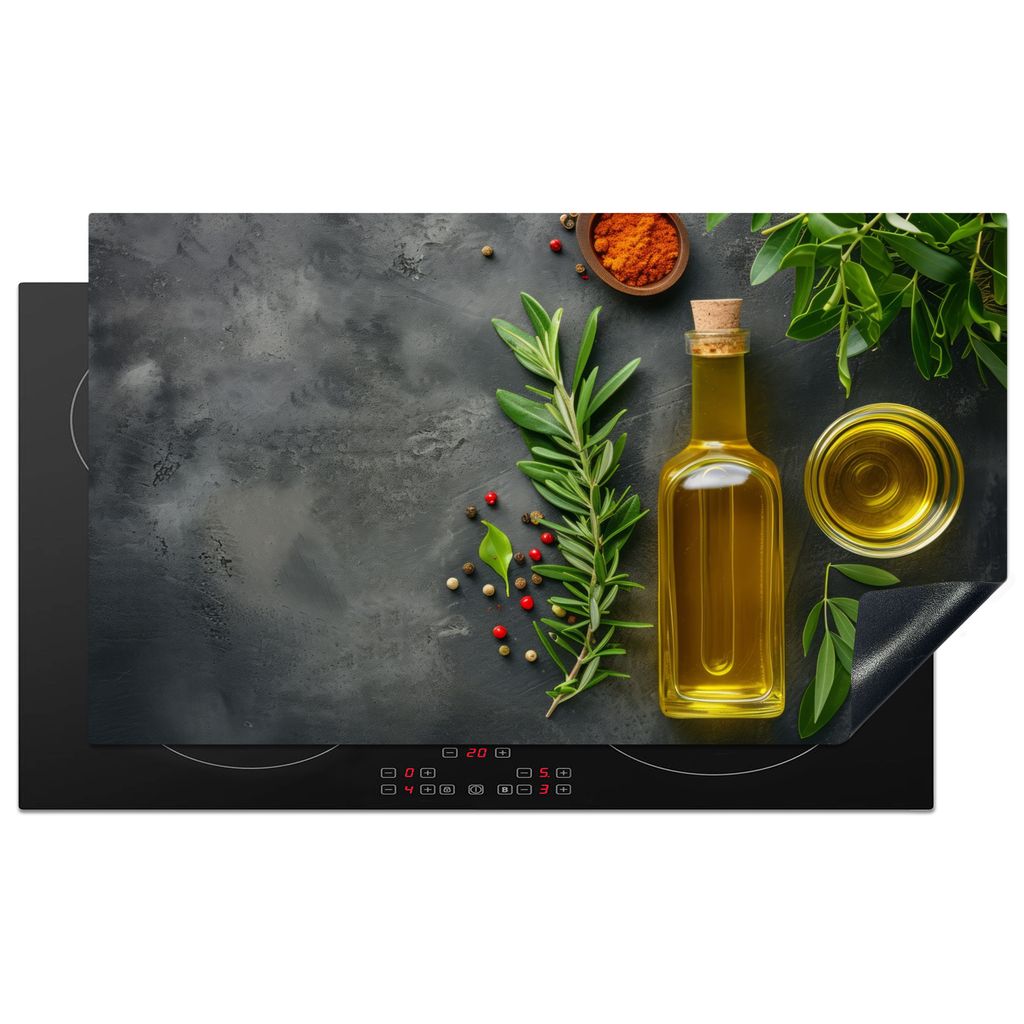 KitchenYeah Herdabdeckplatte Olivenöl - Beton - Gewürze , 90x52cm, Küche Deko, Glaskeramikkochfeld Herdabdeckung, Abdeckplatte fùr Kochfeld