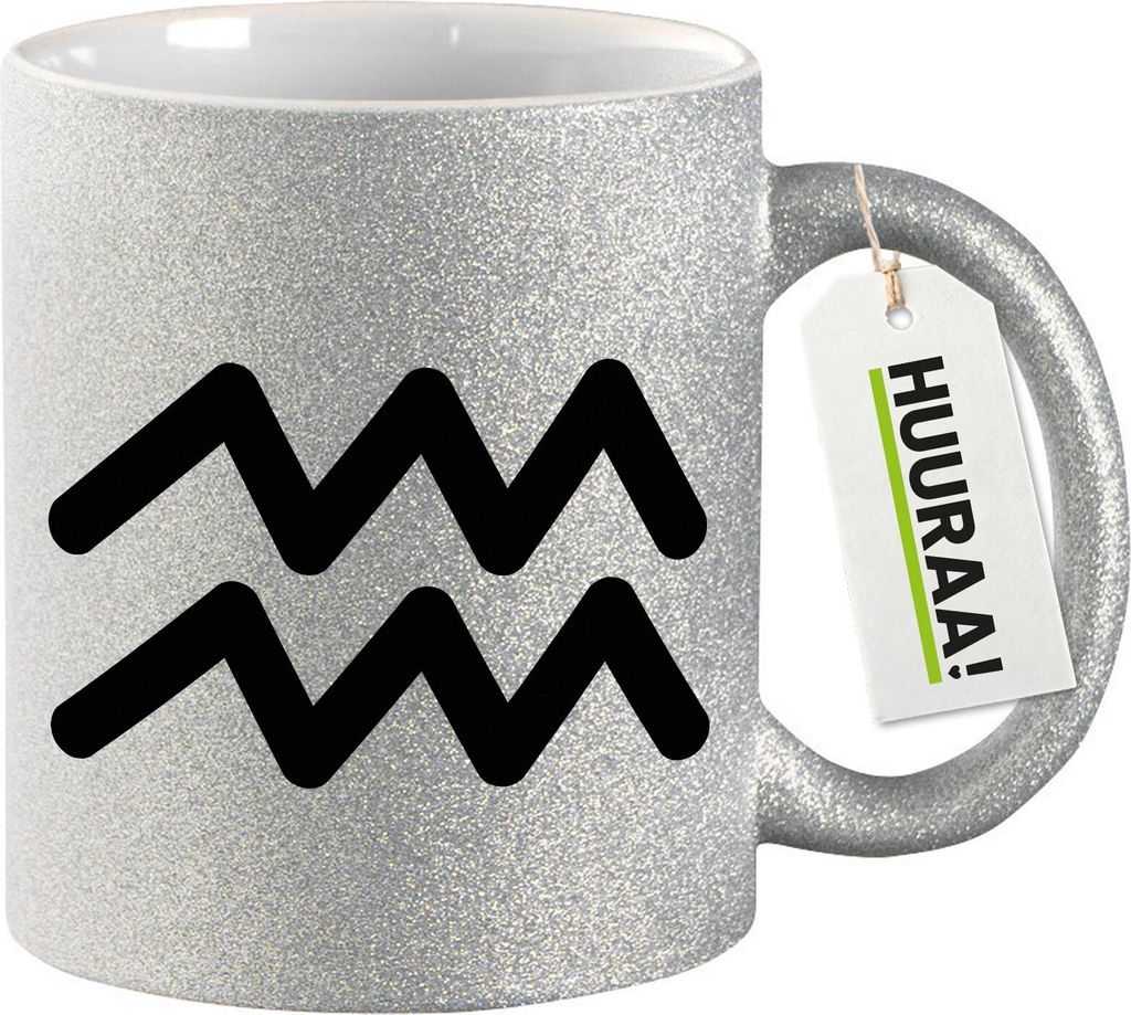 Huuraa Glitzertasse Wassermann Sternzeichen Zeichen 330ml Silber Keramik Kaffeebecher Geschenkidee