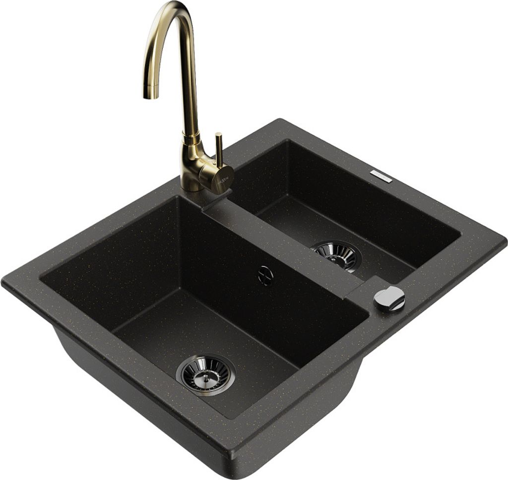 Mexen Carlos 1,5-Becken-Granitspüle mit Mischbatterie Telma, Schwarz/Gold metallisch - 6518-75-670200-50-B