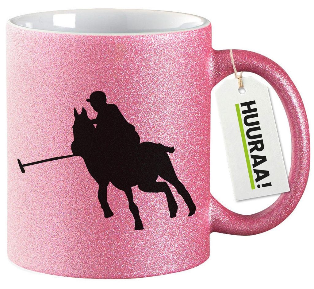 Huuraa Glitzertasse Polo Spieler Silhouette 330ml Pink Keramik Kaffeebecher Geschenkidee