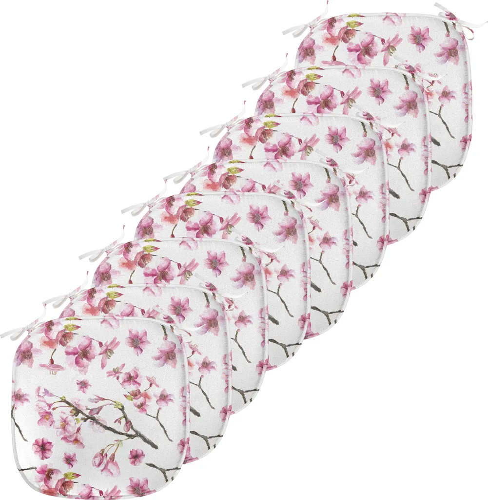 ABAKUHAUS Imbottitura per sedie da sala da pranzo con motivo fiori di ciliegio, ramo di sakura, cuscino decorativo impermeabile con cinturini per sedie da cucina, 40 cm x 40 cm - confezione da 8, rosa verde marrone