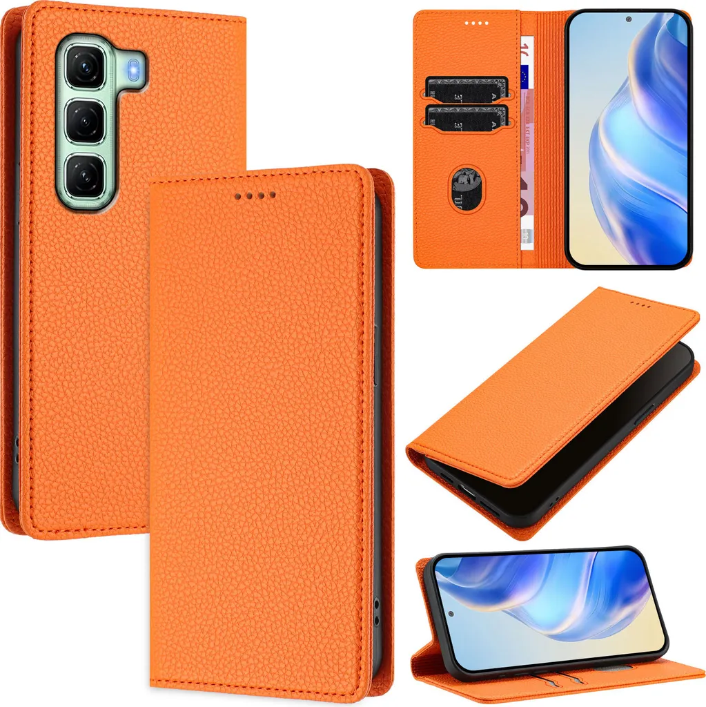 Custodia in pelle per Infinix Hot 50 4G, pelle Litschi, custodia a portafoglio con slot per carte e supporto Arancione