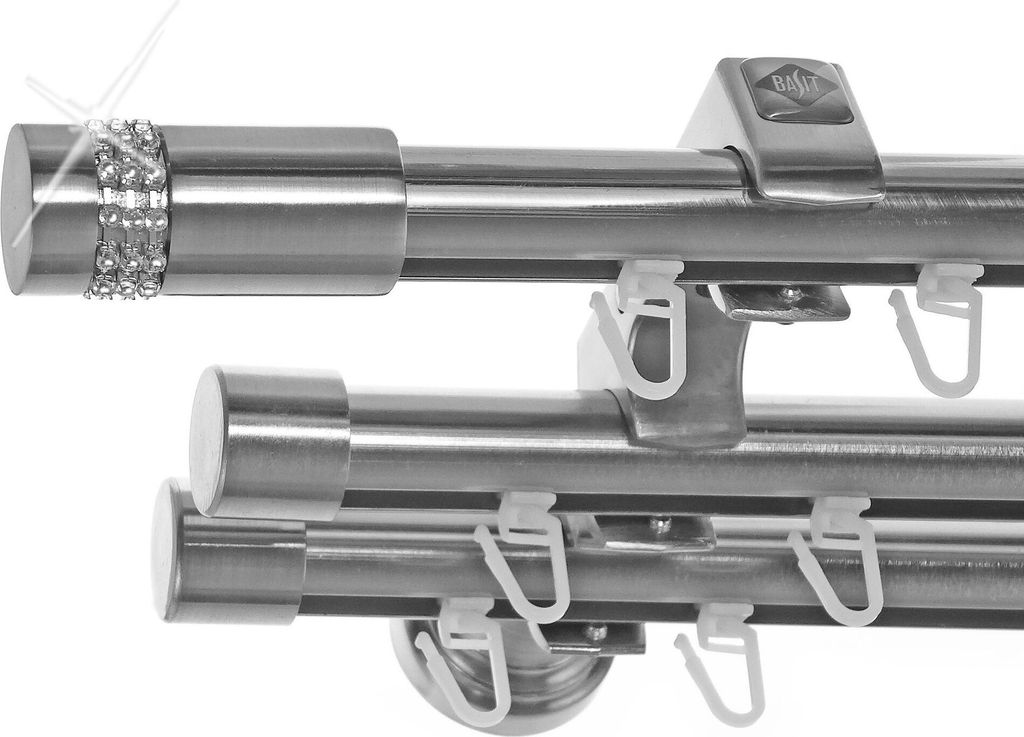 Innenlauf Edelstahl Look Gardinenstange 20mm Wandträger 3-läufig mit Kristall Zylinder H60 E38E30 II+ 1x B20I