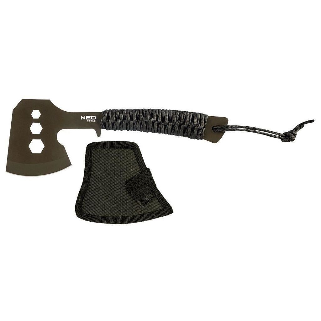 NEO TOOLS Campingaxtlänge 26 cm, Klingenlänge 8 cm, Edelstahl 3Cr13, Paracord-Griff, Handgelenkgriff, satinierter Stahl, Nylontasche, Camping Axt...