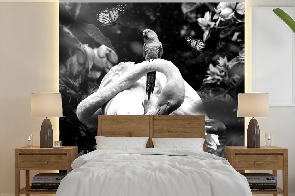 MuchoWow Fototapete für Wohnzimmer oder Schlafzimmer Wandtapete Vinyl Motivtapete Pflanzen - Flamingo - Dschungel - Schwarz - Weiß - 260x260 cm...
