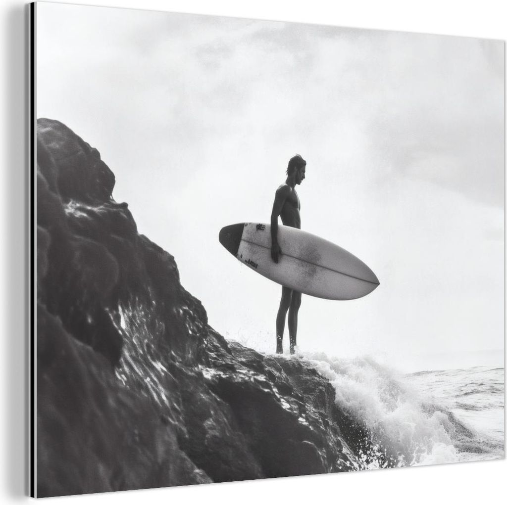 MuchoWow Wanddekoration Metall Metallbild Wandkunst 80x60 cm Surfer - Felsen - Ozean - Wellen MuchoWow Aluminium Gemälde - Alubild