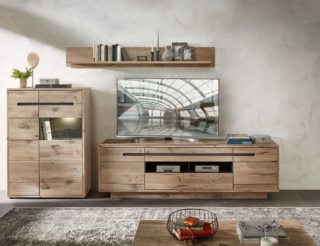 Wohnwand >Bellano< in Viking Oak Nachbildung, MDF, Spannplatte - 309x185x44cm (BxHxT)