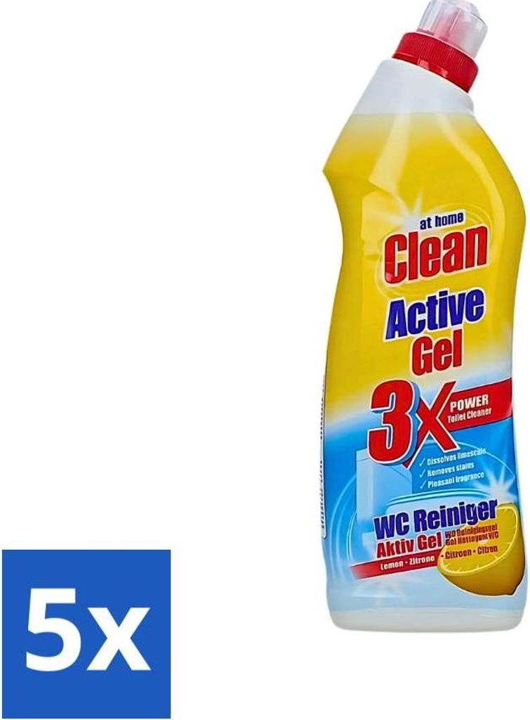 At Home - Clean - Aktiv-Gel - WC-Reiniger - Zitrone - Extra Kraftvoll - 750 ml - Vorteilspack - 5 Stücke