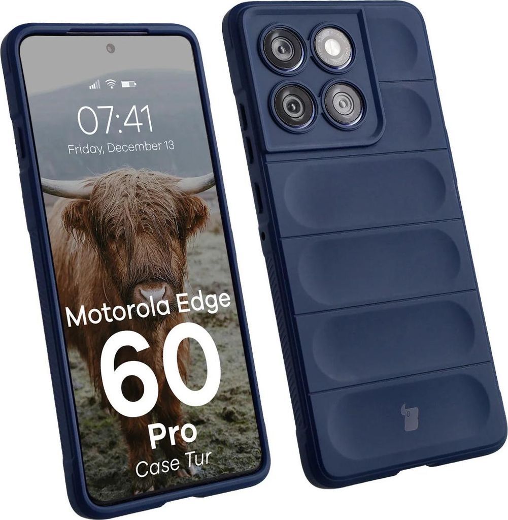 A dark blue phone case for a Motorola Edge 60 Pro is shown from the front and back, with the phone screen displaying a wallpaper.