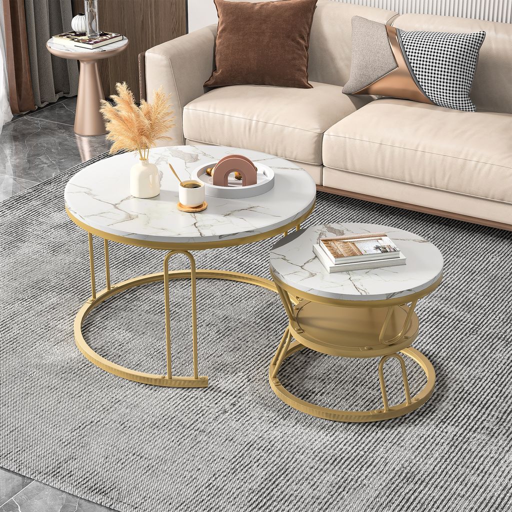 ProximaX Couchtisch Runder Kaffeetisch, 2tlg. mit Marmormuster, 70x44.2cm+45x36cm, Gold/Weiß