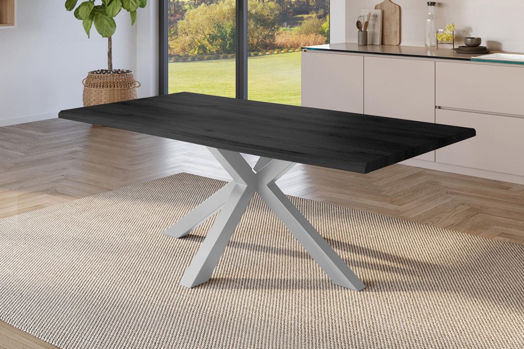 Esstisch Baumkante Holz-Optik Grau 220 x 100 Spider-Gestell silber JULIUS