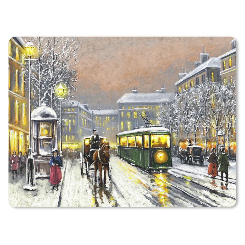MuchoWow Mauspad Mousepad Gemälde - Ölgemälde - Winter - Straßenbahn - Pferd 40x30 cm - Mousepads - Maus Mat - Pad - Mausunterlage - Anti Rutsch