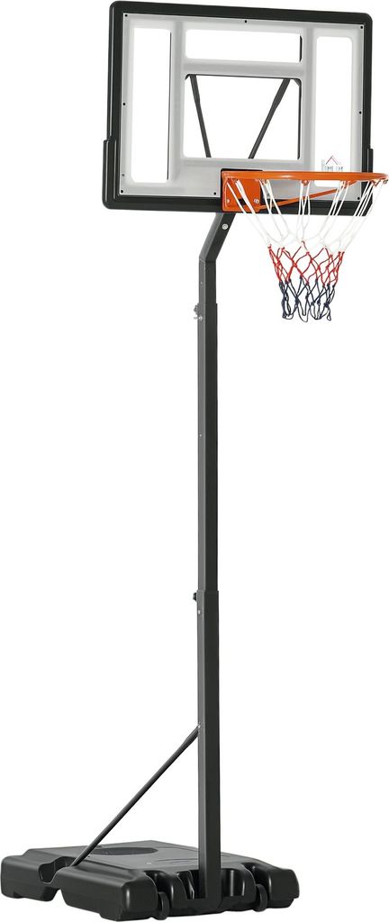 A basketball hoop stand with wheels, shown against a white background.