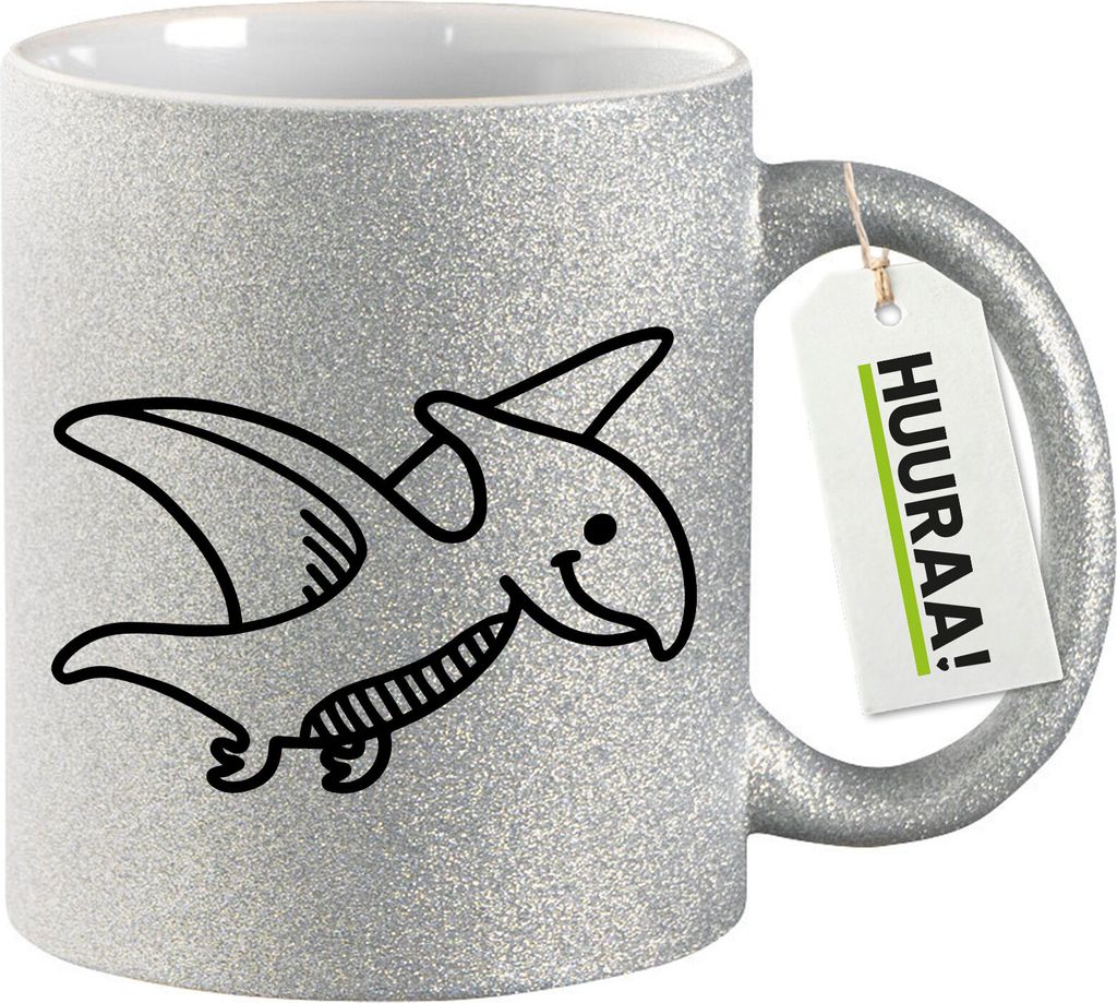 Huuraa Glitzertasse Pteranodon Dinosaurier 330ml Silber Keramik Kaffeebecher Geschenkidee