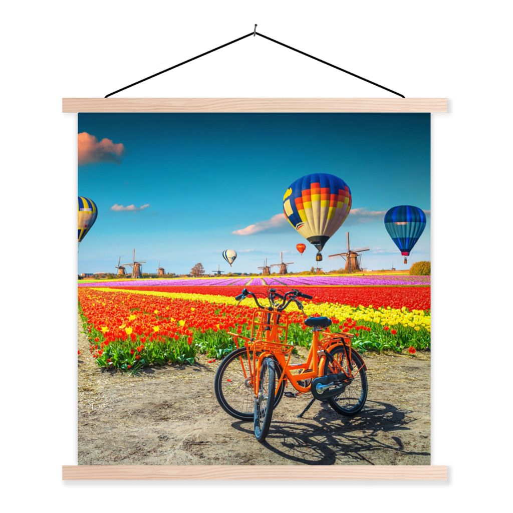 MuchoWow Textilposter Heißluftballon - Orange - Tulpen 60x60 cm mit holzfarbenen Rahmen - Wanddekoration