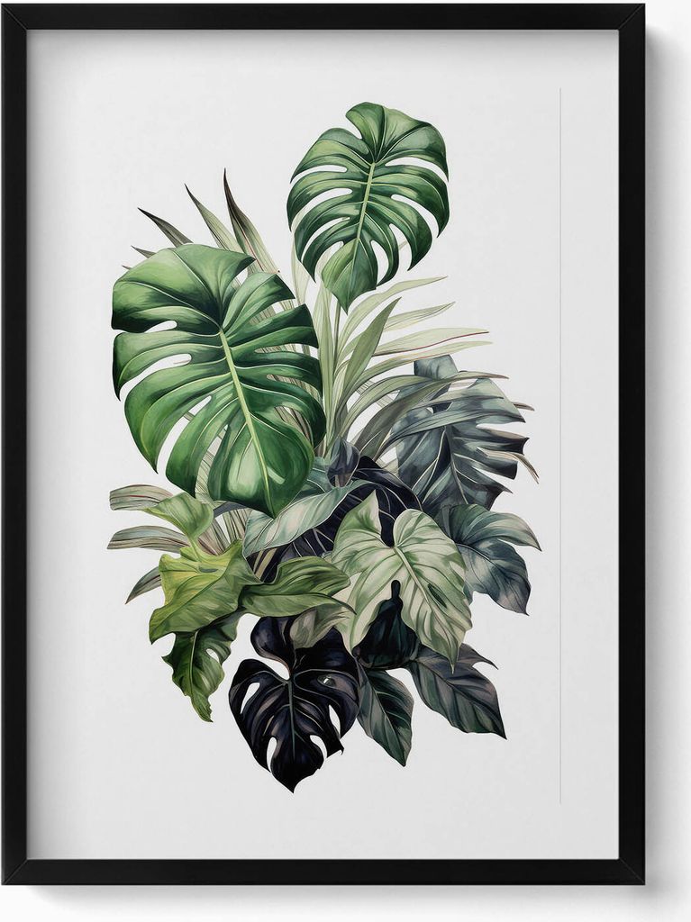 Bemalte Monstera-Blätter– Wandbild mit Rahmen – Gerahmtes Bild – Wanddekoration – 50x70 cm – Schwarz Rahmen