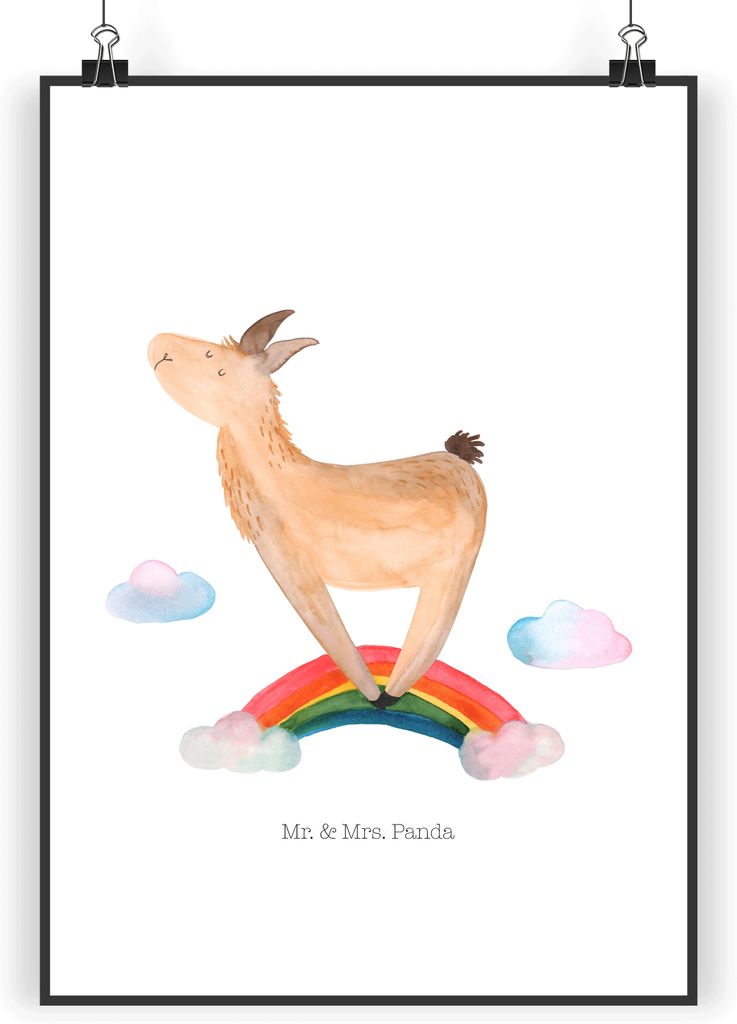 Mr. & Mrs. Panda Bild Lama Regenbogen DIN A5 - Weiß - Geschenk, drucke, Hobby, wanddeko, Lamas, kunstdruck poster, Wandbild, Freiheit, Selbststän...