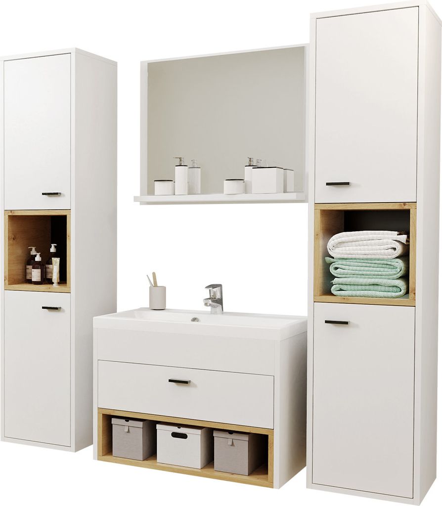 MIRJAN24 Badmöbel-Set Olier II, Stilvoll Badezimmer-Set mit Waschbecken (Farbe: Weiß / Artisan Eiche, mit Siphon)