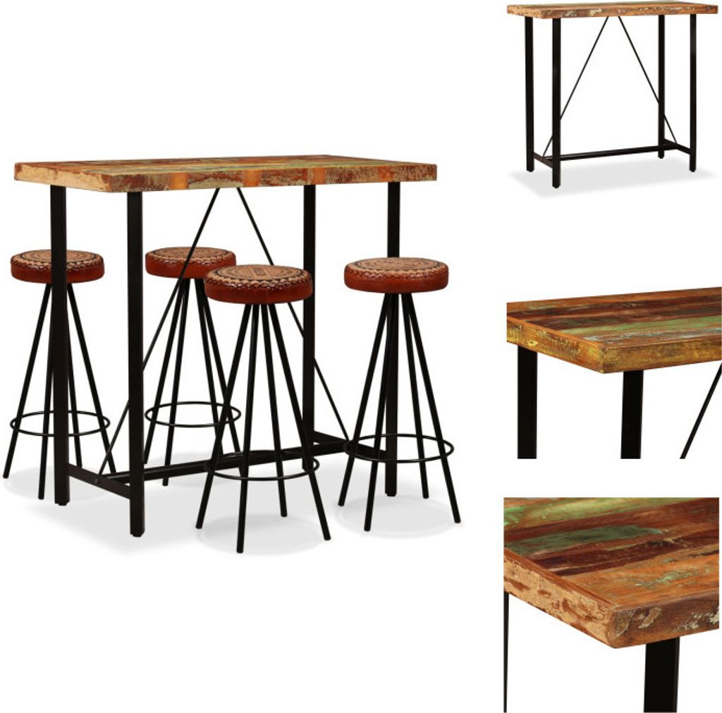 vidaXL 5-tlg. Bar-Set Altholz Massiv, Echtleder und Canvas - Essgruppen