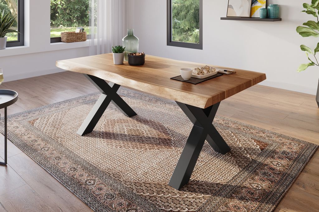 Esstisch 180 x 90 cm Akazie massiv natur Baumkantentisch X-Gestell schwarz ATLAS