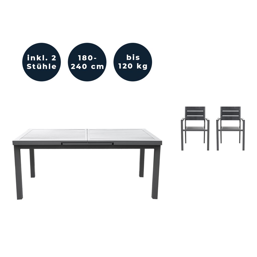 HOME DELUXE - Gartentisch ausziehbar - CALIDO - ca. 180 (240) x 97,5 x 76,5 cm - inkl. 2 Stühlen, Gestell Aluminium, Tischplatte Glas - inkl. Zube...