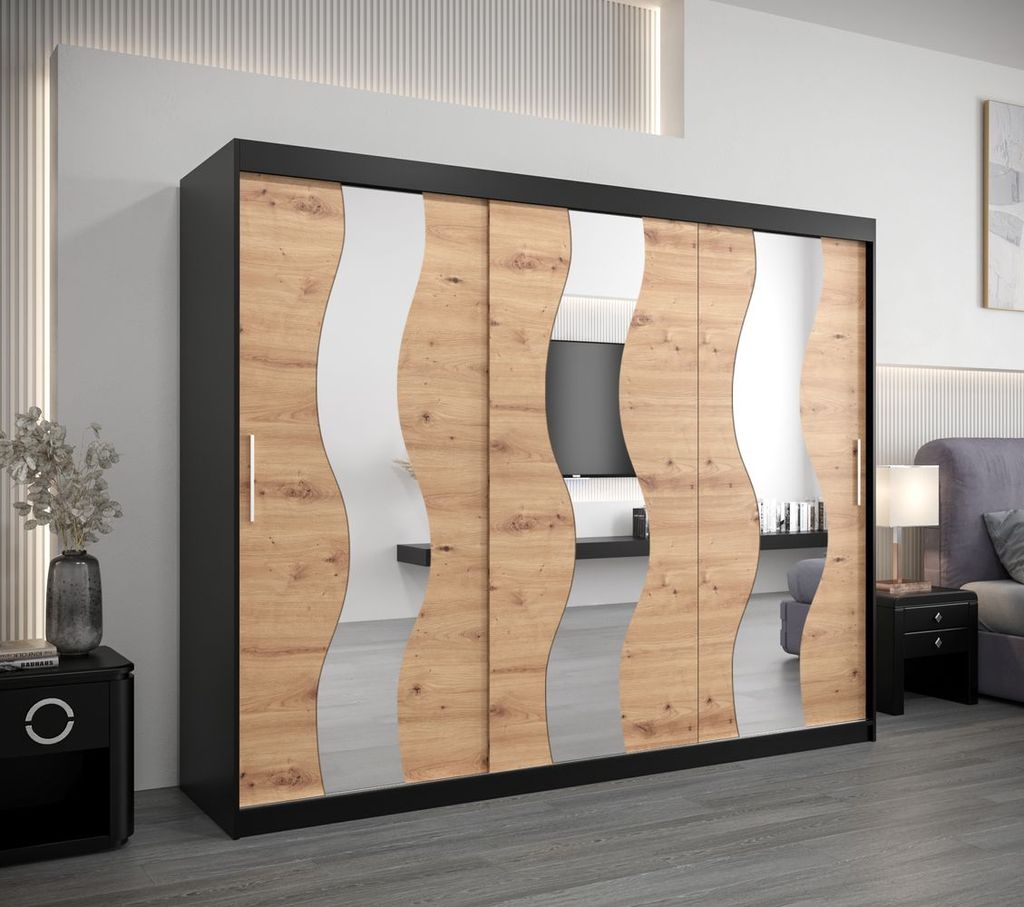 Schwebetürenschrank HEDVIKA – Breite 250 cm, Schwarz / Eiche Artisan