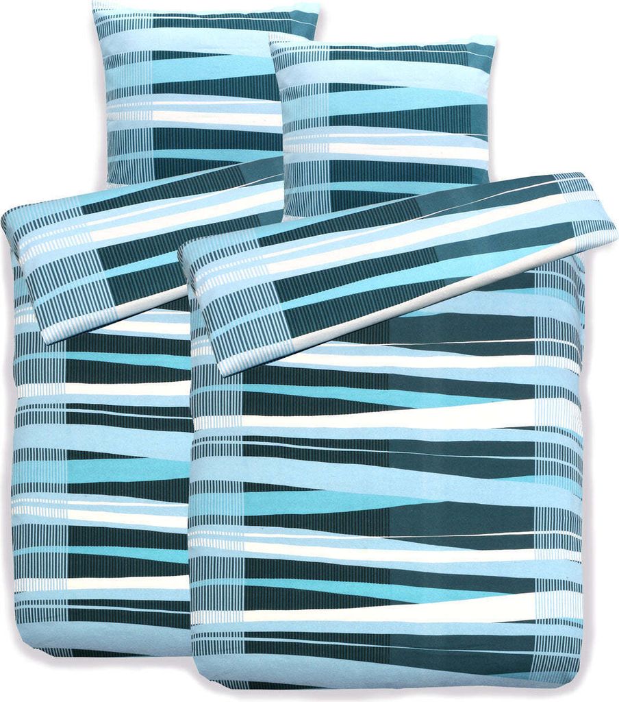 Hochwertige Biber Bettwäsche Baumwolle Streifen 155x220 80x80: 4tlg. / Türkis