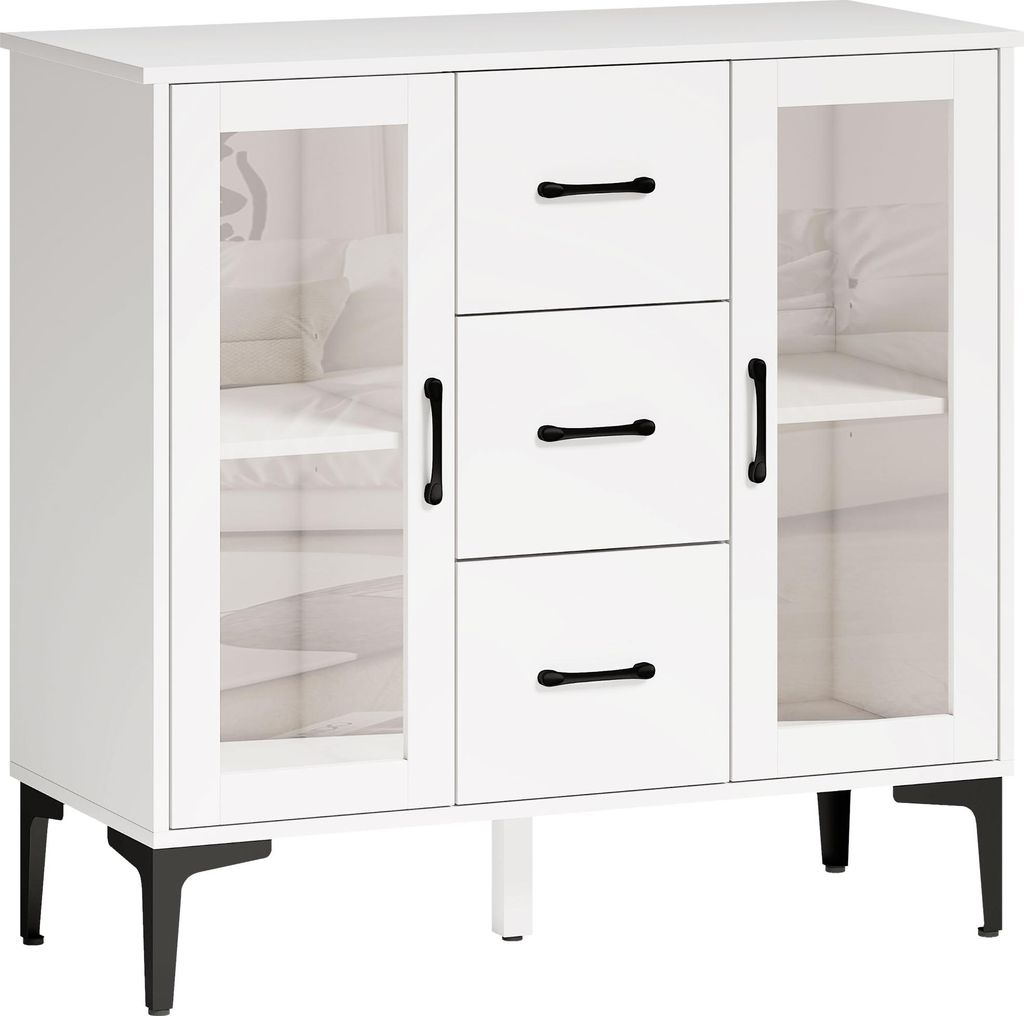 Modernes Sideboard mit Soft-Close-Türen, Buffetschrank mit 3 Schubladen, 2 Glastüren, verstellbare Regale, MDF, Weiß