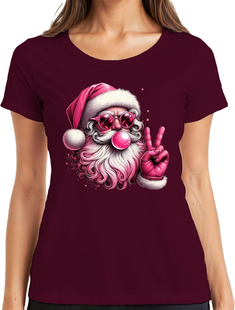 Hippie Weihnachtsmann mit Sonnenbrille und Kaugummi Peace Zeichen Damen T-Shirt, Burgundy, S