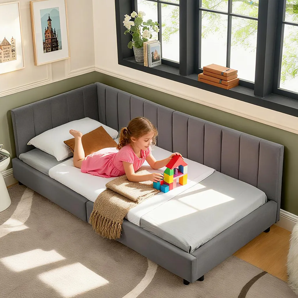 Lit simple robuste 90x200 cm en velours gris pour un sommeil sans bruit