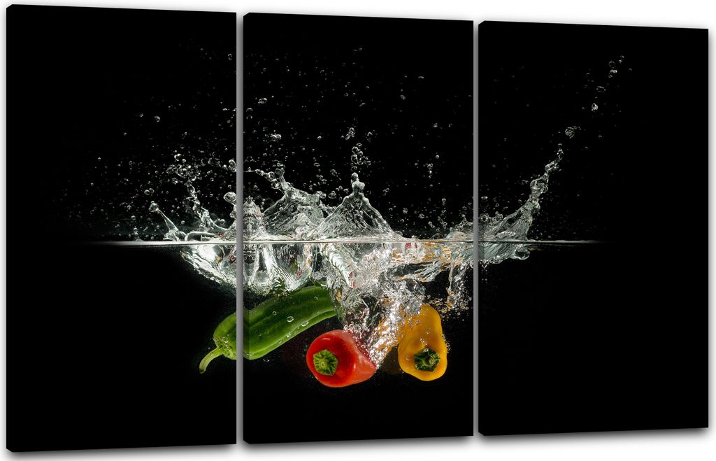 Leinwandbild 3-teilig (120x80cm): Essensbilder Gemüse Paprika im Wasser schwarzer Hintergrund, echter Holz-Keilrahmen inkl. Aufhänger, handgefert...