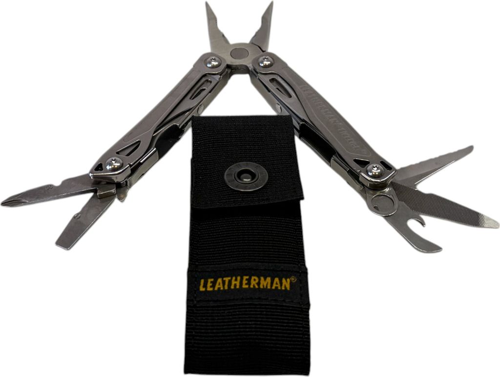 A Leatherman multi-tool and its black fabric sheath are displayed against a white background.