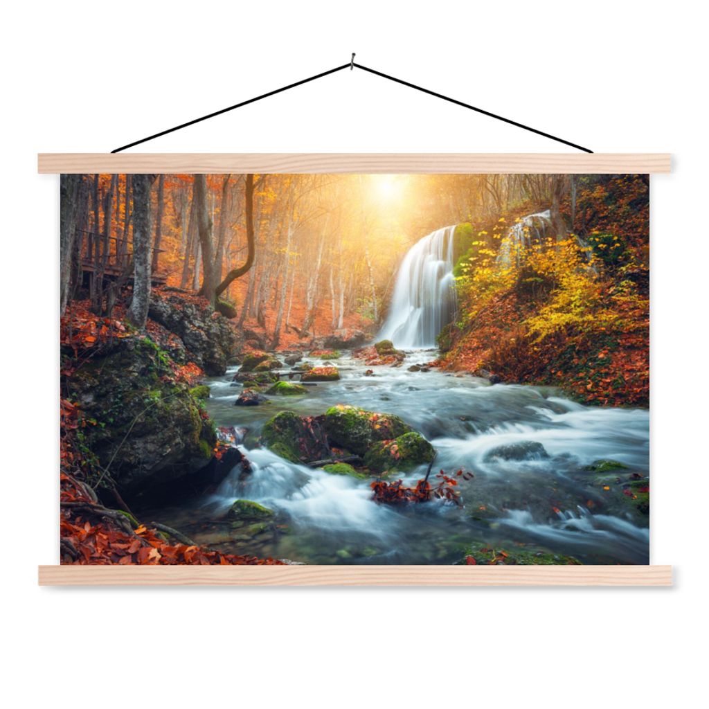 MuchoWow Textilposter Wasserfall - Sonne - Herbst 60x40 cm mit holzfarbenen Rahmen - Bilder