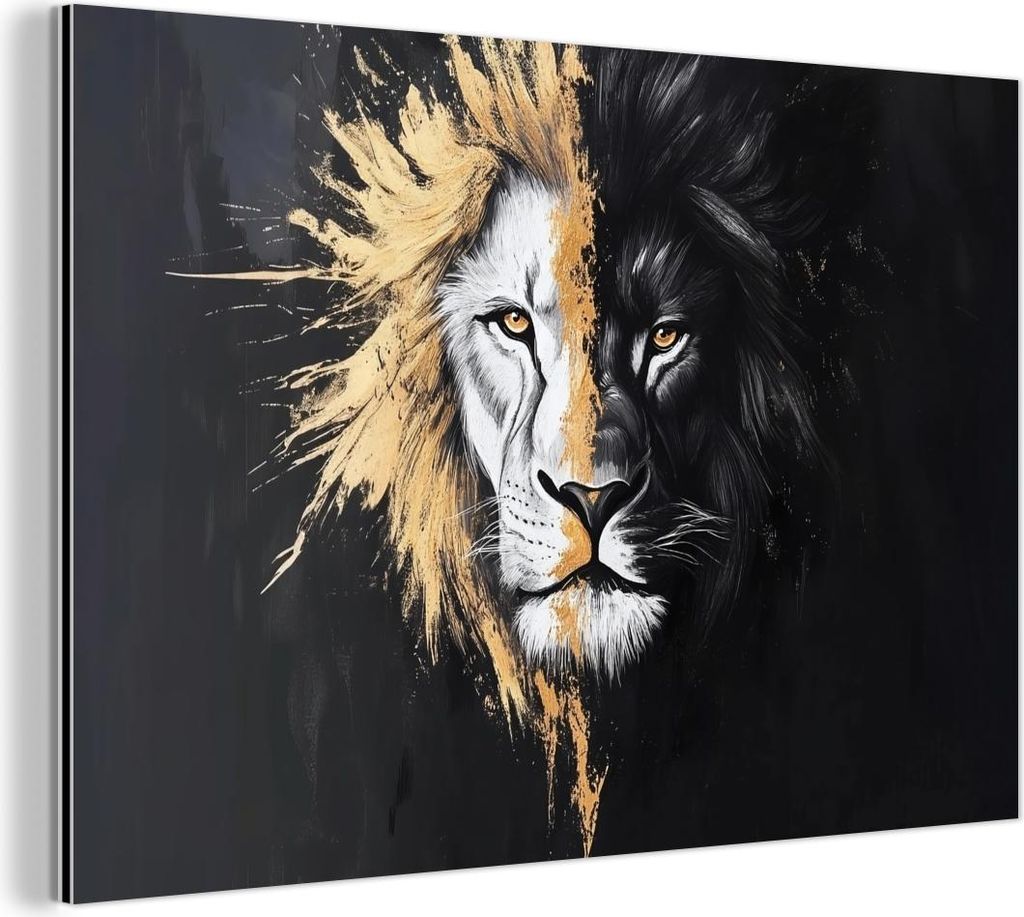 MuchoWow Wanddekoration Metall Metallbild Wandkunst 150x100 cm Löwe - Split - Schwarz - Linie MuchoWow Aluminium Gemälde - Alu Dibond Bild