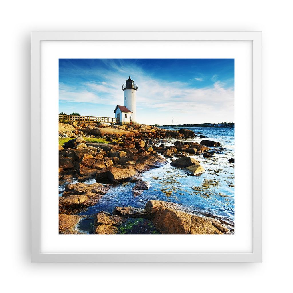 Gerahmtes Poster - Weißer Rahmen - Leuchtturm Ufer Wolke Landschaft - 40x40 cm - Wand Bild - Wanddeko - Wandbilder - Wandposter - Bilderrahmen - B...