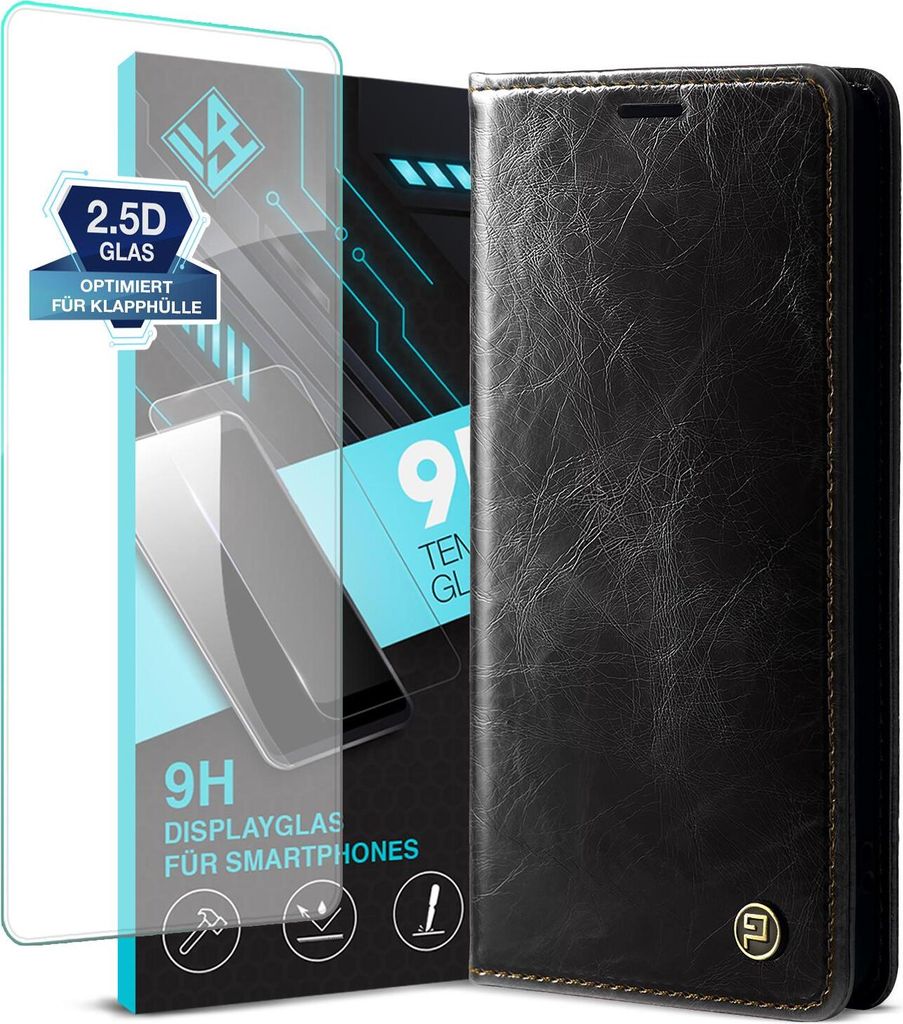 Handyhülle für Apple iPhone 13 Pro Max mit 9H Displayglas Kunstleder Flip Cover Hülle RFID Schutz Case Kartenfach Farbe: Schwarz