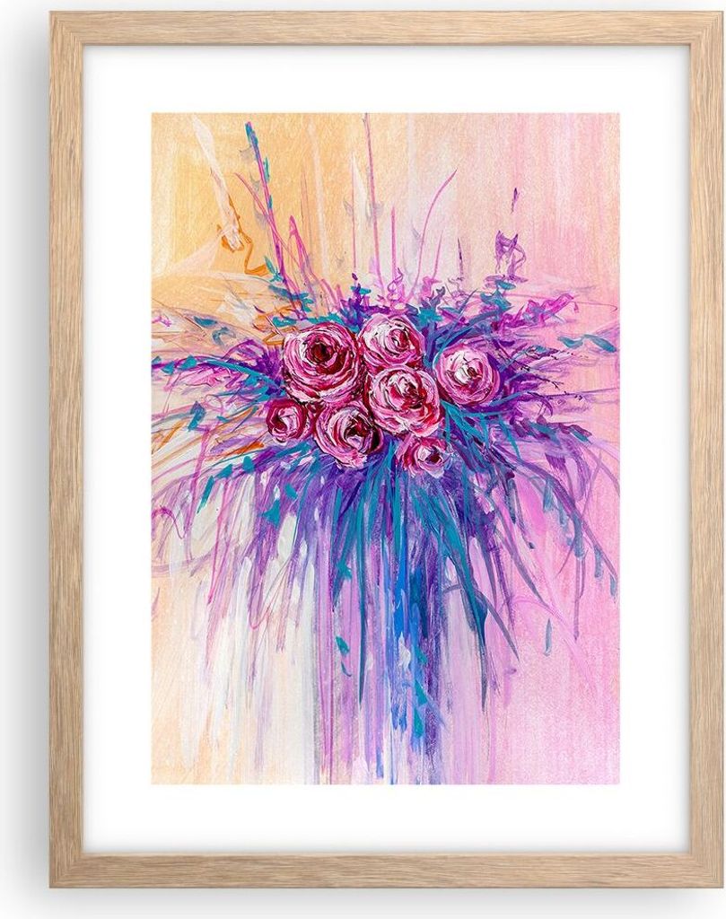 Gerahmtes Poster - Rahmen in heller Eiche - Blumenstrauß Blumen Rosen - 30x40 cm - Wand Bild - Wanddeko - Wandbilder - Kunstposter - Wandposter - ...