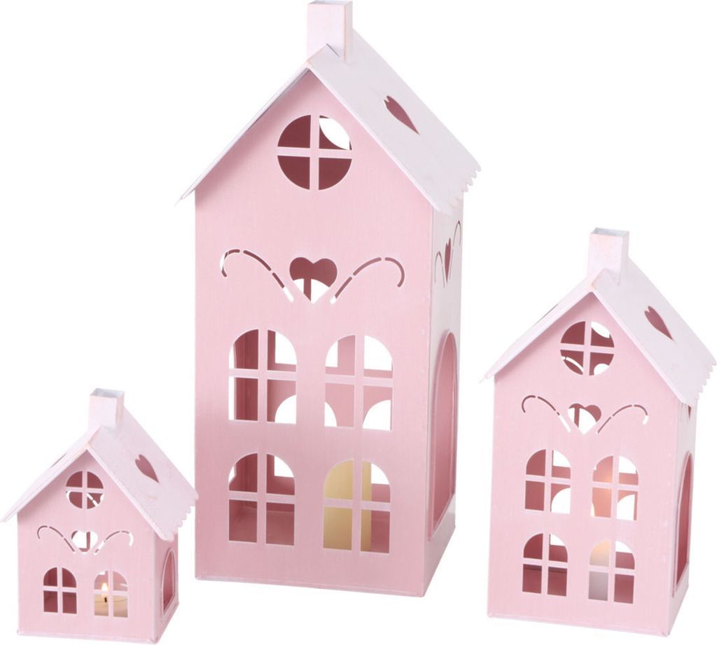 Set di 3 lanterne KUFSTEIN a forma di casa - colore: rosa Immagine del prodotto 